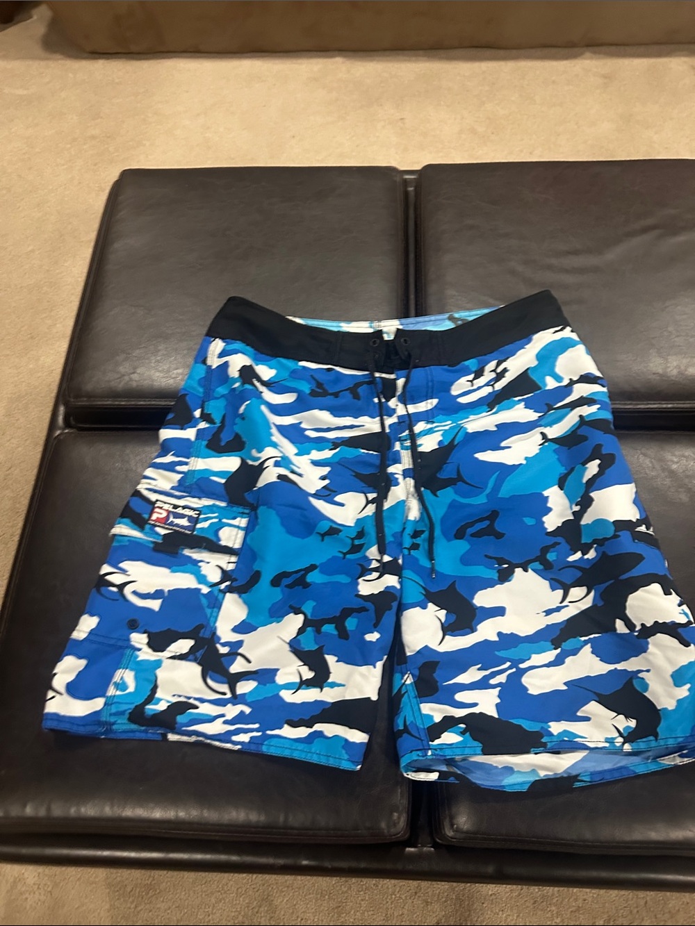 Pelagic Blue Camo Swim Trunks Board Shorts Offshore Fishing Like New Smoke Free